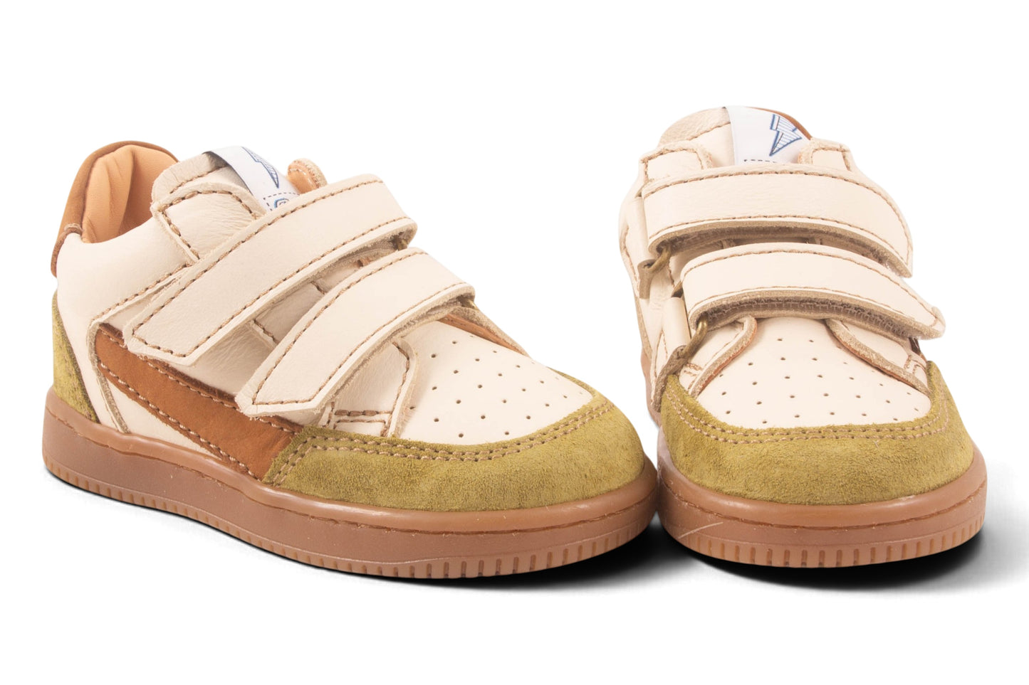 Klein Velcro Wit Leder Kaki Tip Cognac Streep