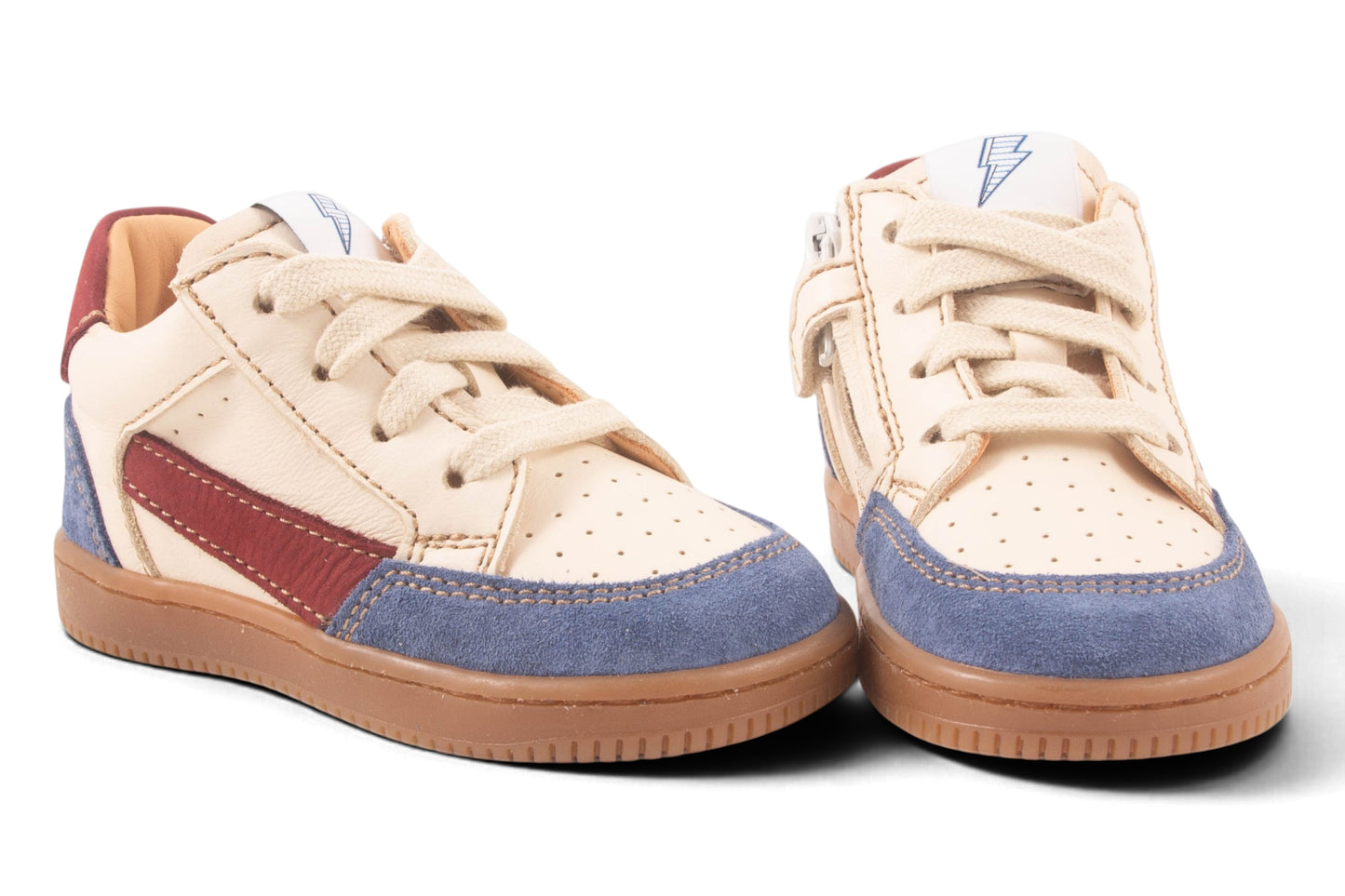 Klein Wit Leder Blauw Tip Bordeuax Streep