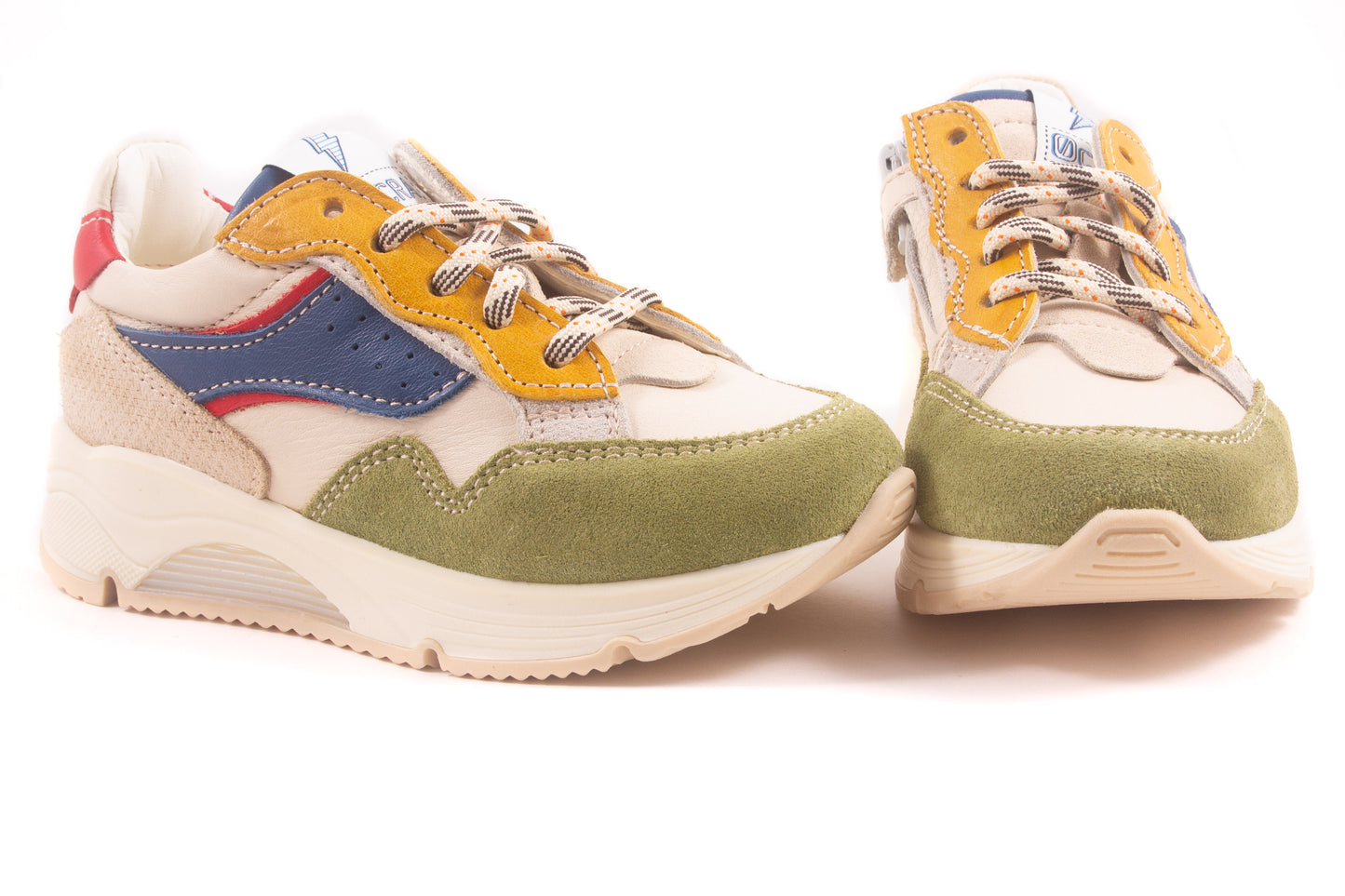 Sneaker Runner Wit Leder Kaki Nubuck Oker Blauw Rood
