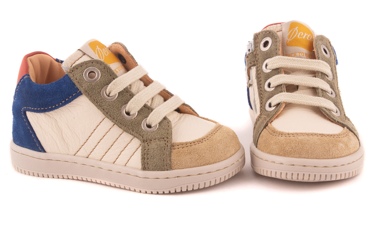 Sneaker Wit Leder Kaki Blauw Rood Nubuck
