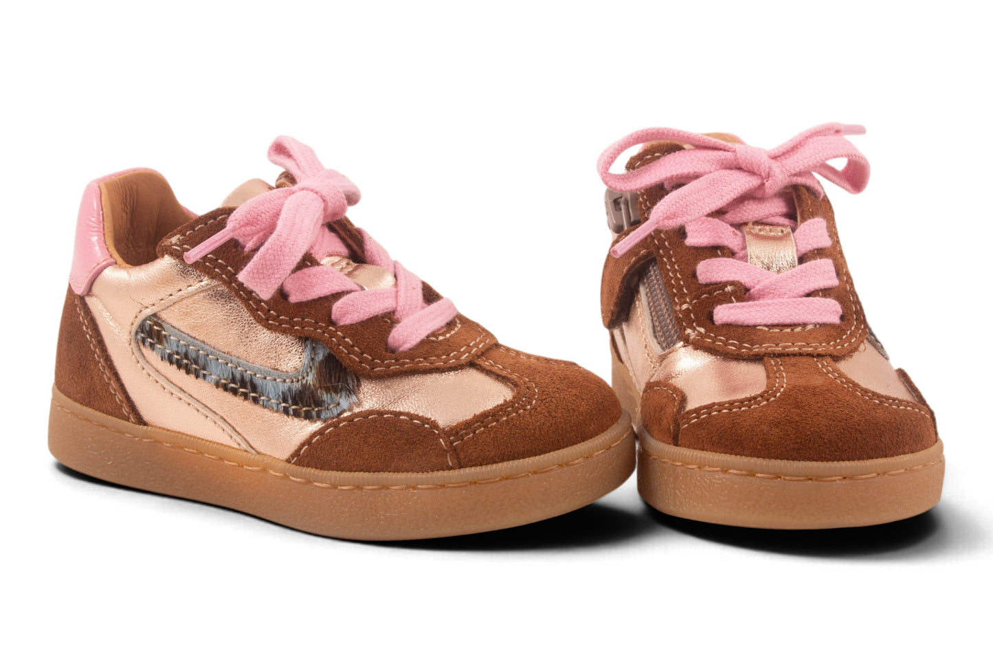 Sneaker Goud Metalic Bruin Nubuck Blauw Pony Streep Opzij