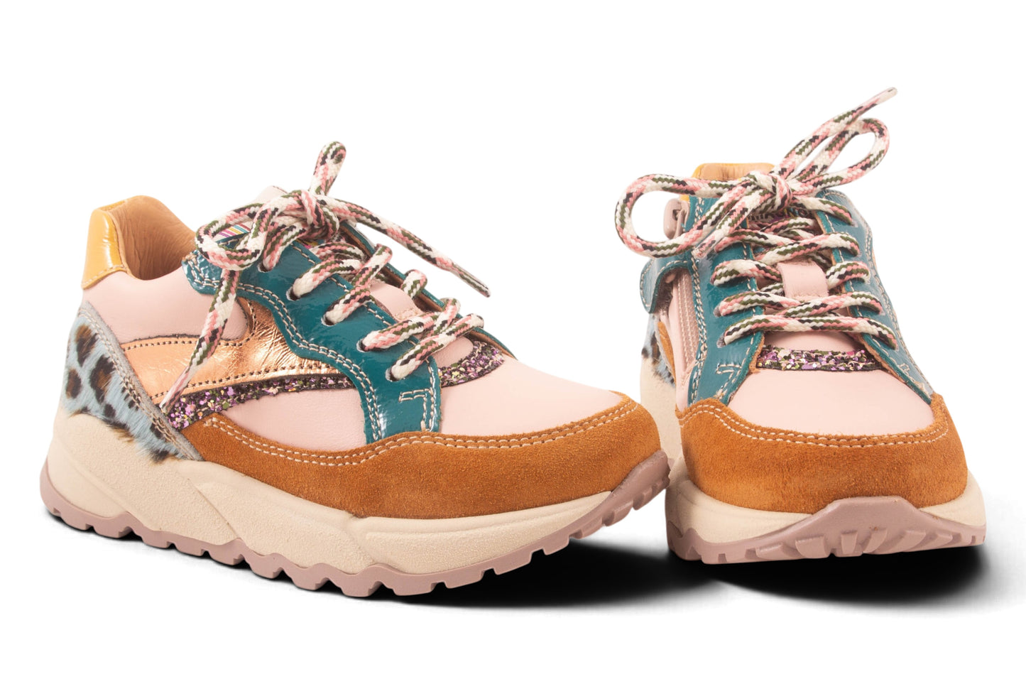 Runner Roze Leder Oker Nubuck Tip Metalic Streep