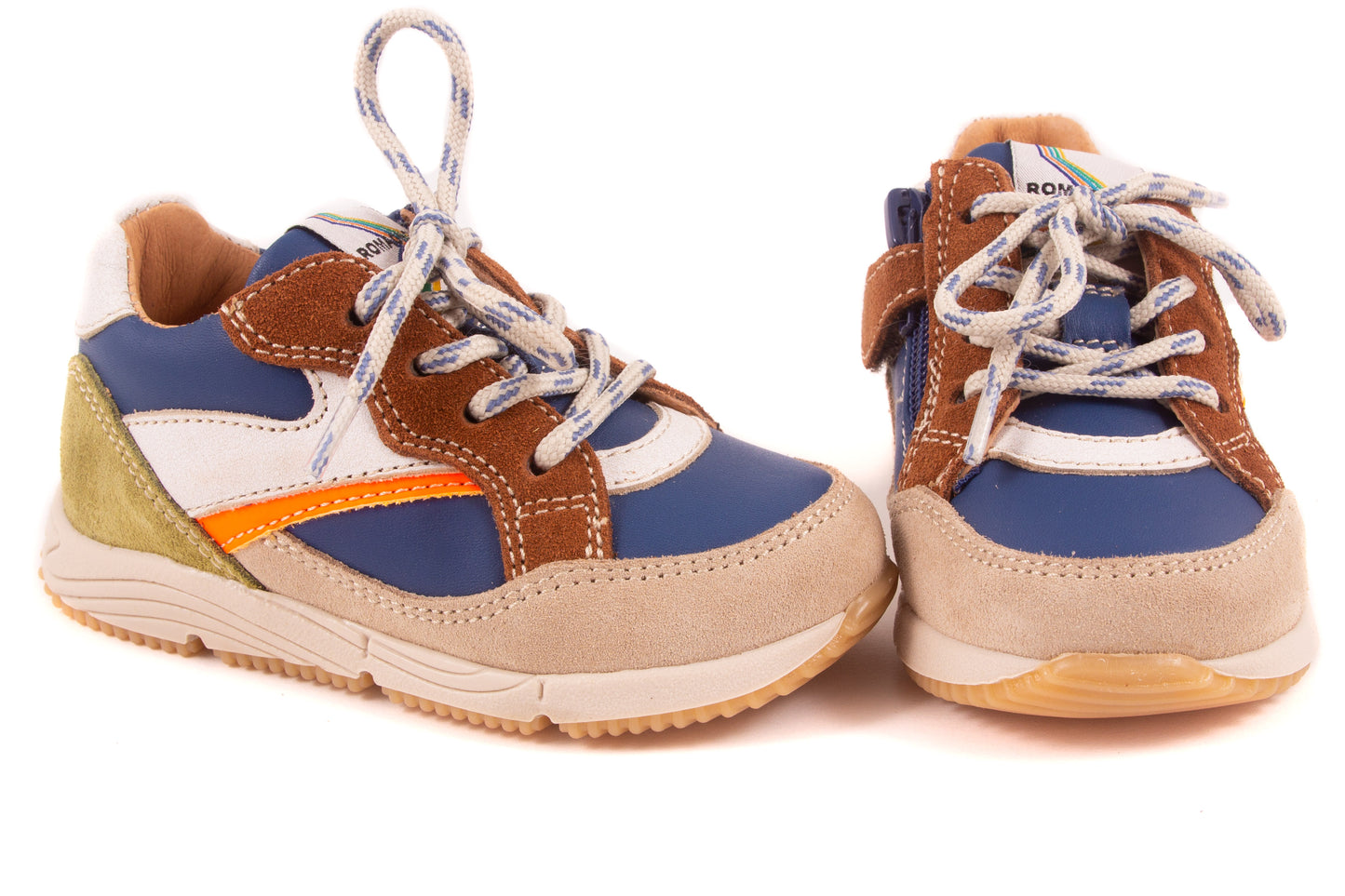 Sneaker Runner Klein Blauw Leder Wit Leder Fluo Oranje Streep