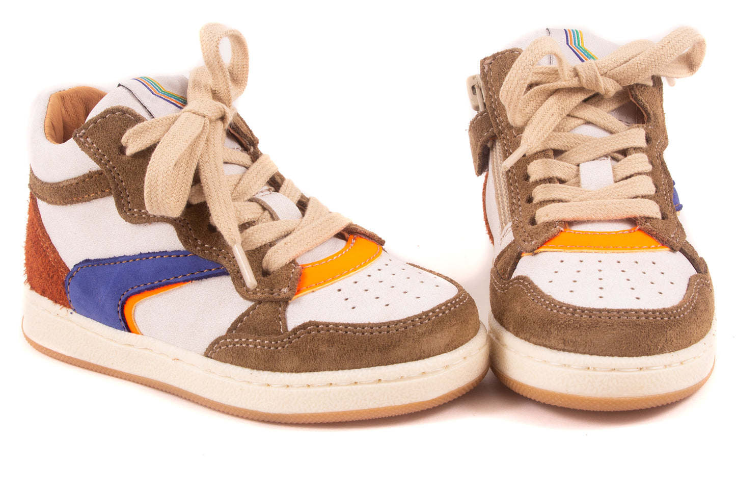 Sneaker Wit Leder Kaki Tip Blauw Fluo Oranje Streep