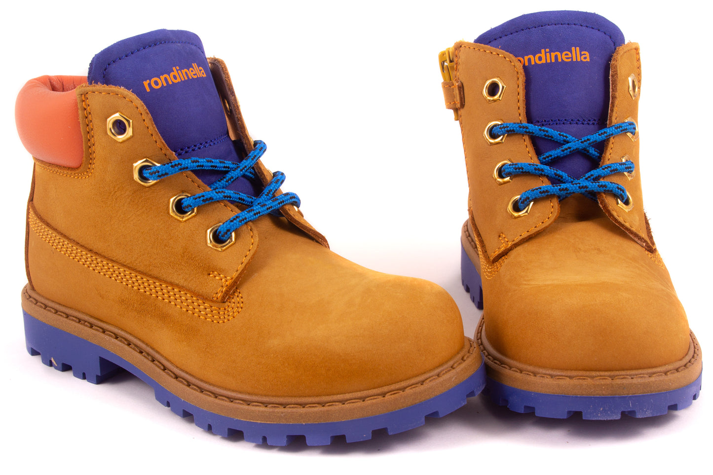 Veterschoen Bottine Cognac Blauw Zool Oranje Rand