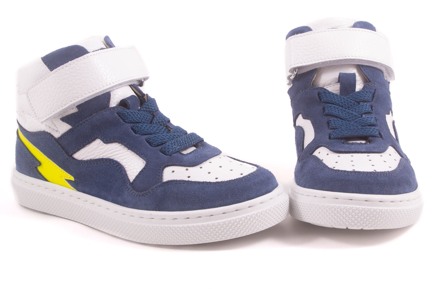 hoog elastiek velcro wit leder blauw nubuck geel opzij