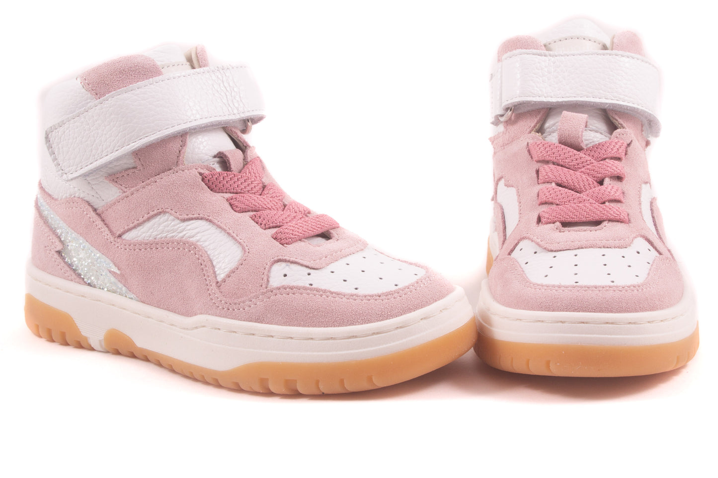 Sneaker Groot Hoog Wit Leder Roze Nubuck Velcro Boven