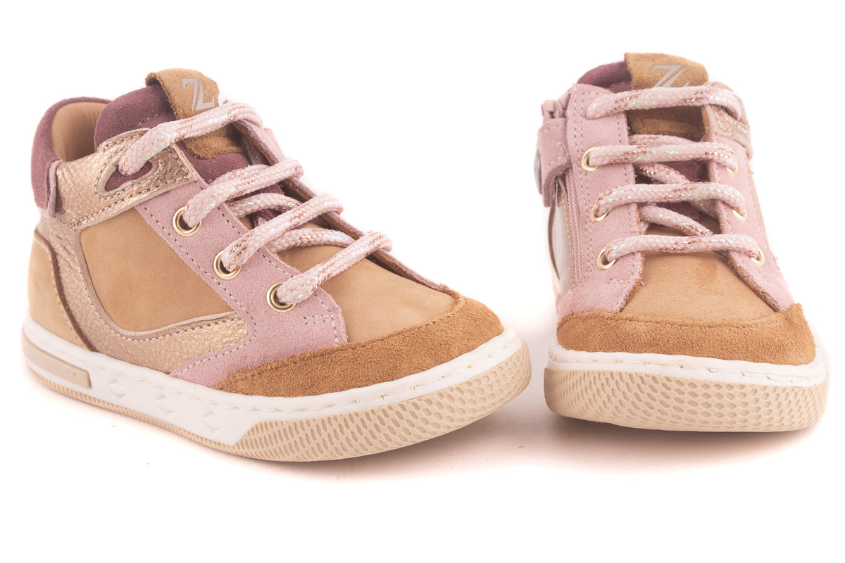 Sneaker Beige Cognac Leder Nubuck Roze Nubuck Detail