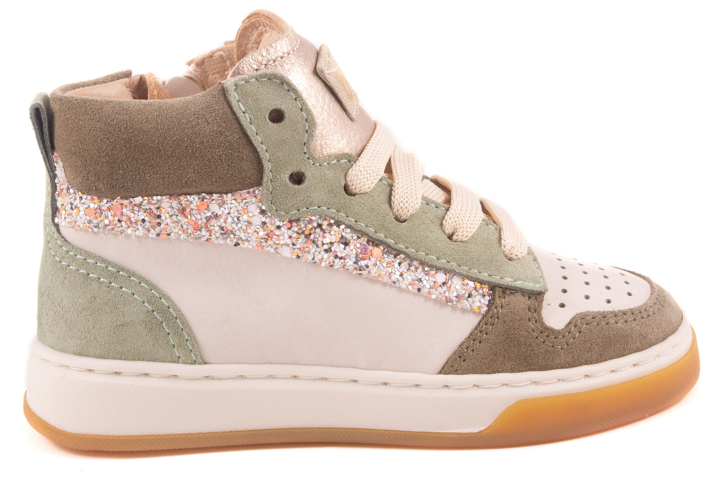 Sneaker Wit Leder Kaki Mint Nubuck Glitter Streep