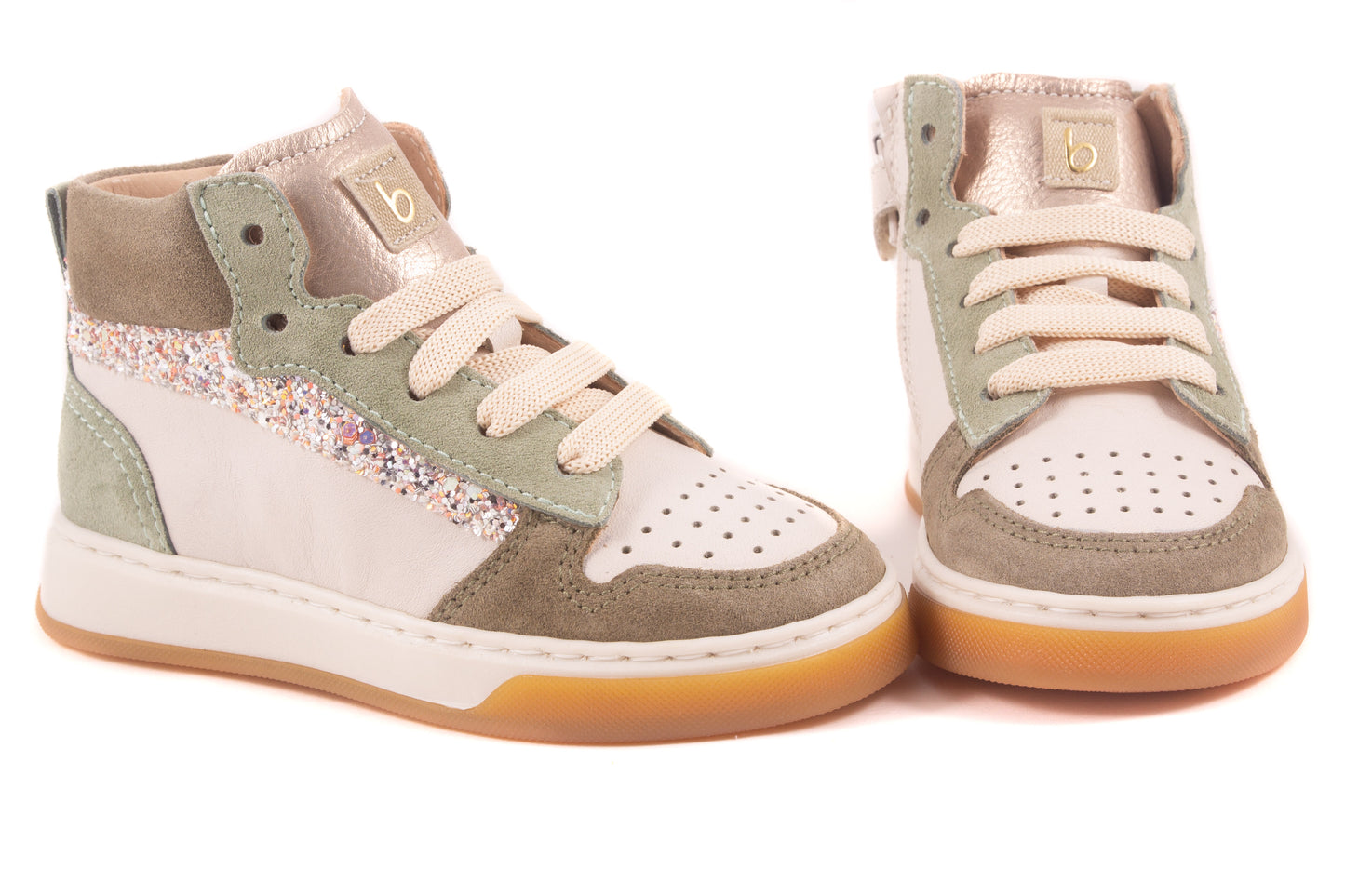Sneaker Wit Leder Kaki Mint Nubuck Glitter Streep