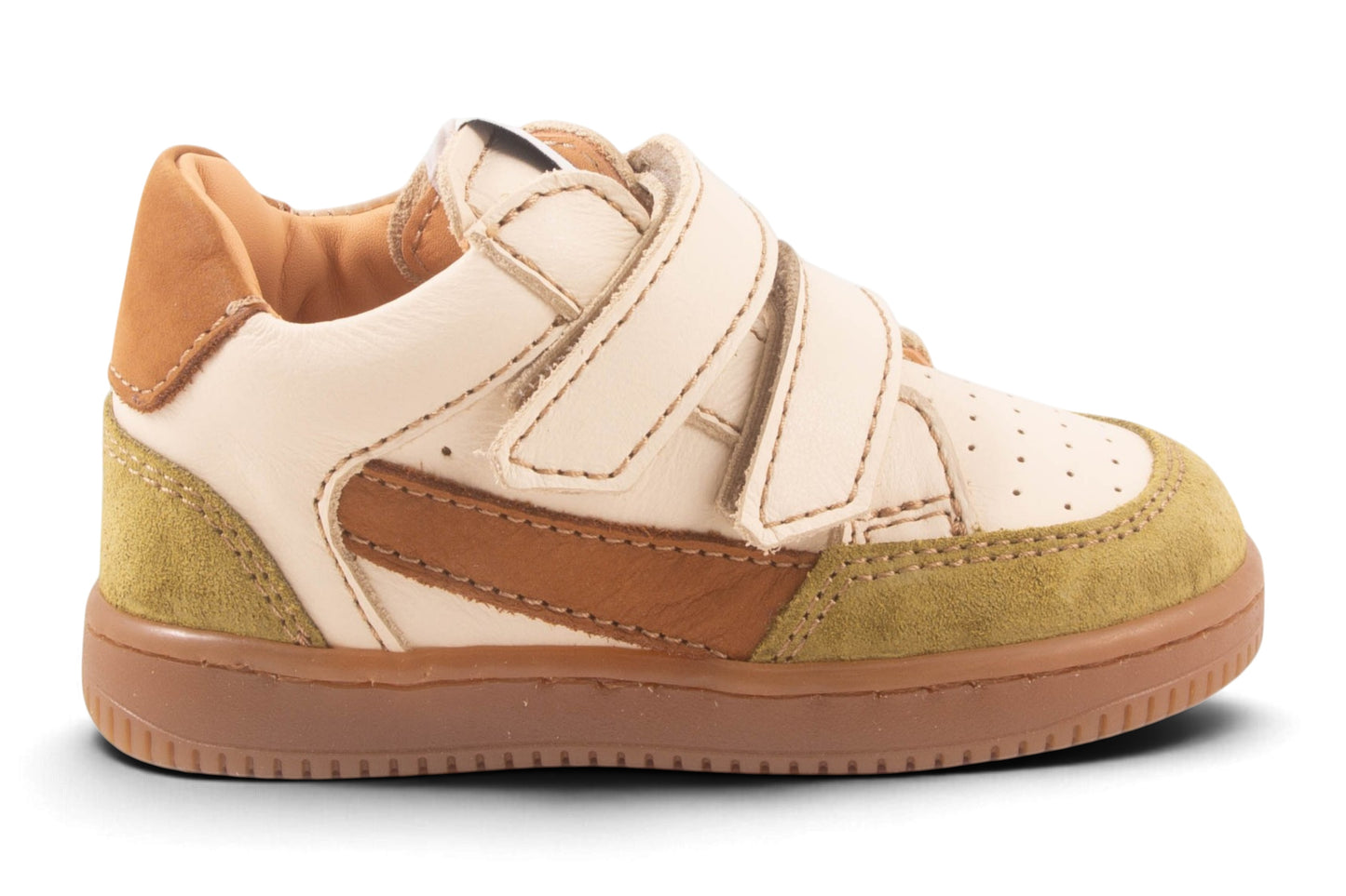 Klein Velcro Wit Leder Kaki Tip Cognac Streep