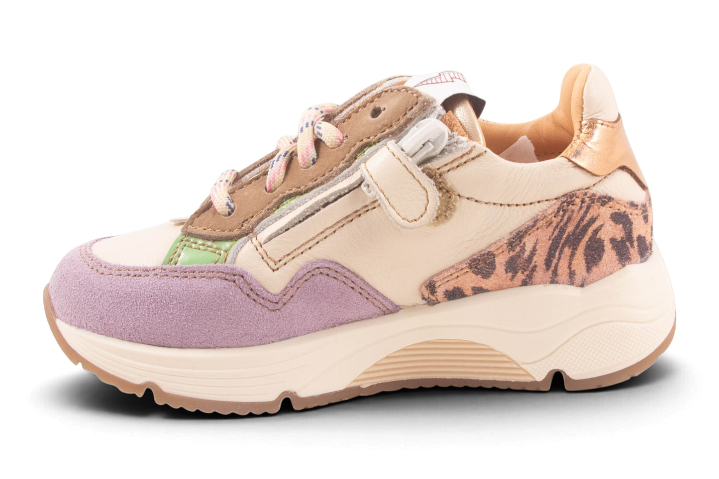 Runner Wit Leder Lila Tip Goud Streep Roze Leopard Achter