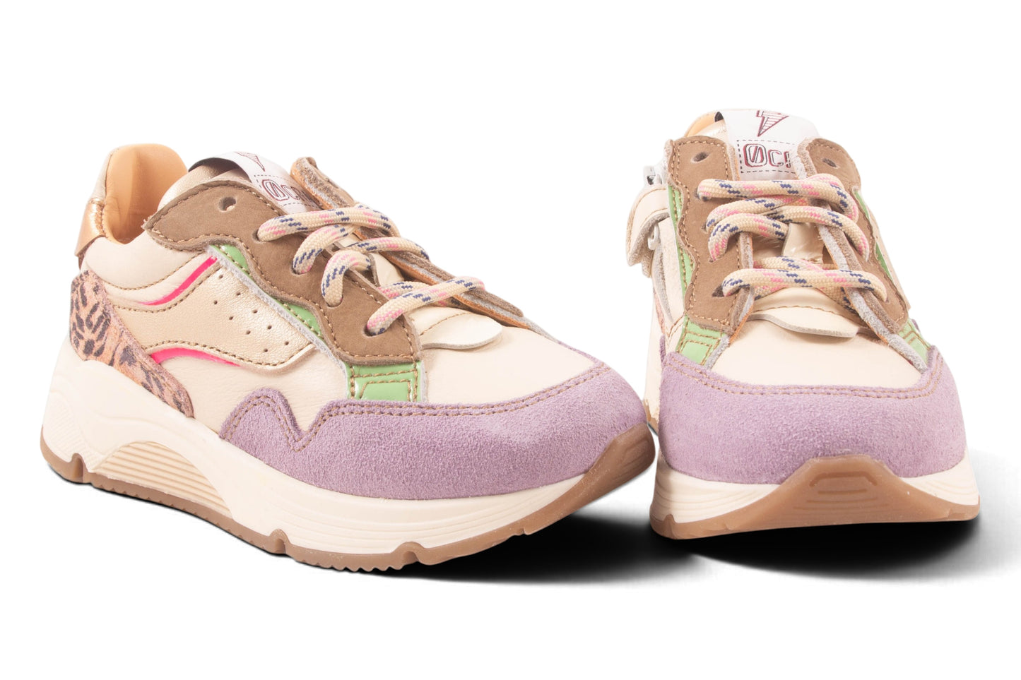 Runner Wit Leder Lila Tip Goud Streep Roze Leopard Achter