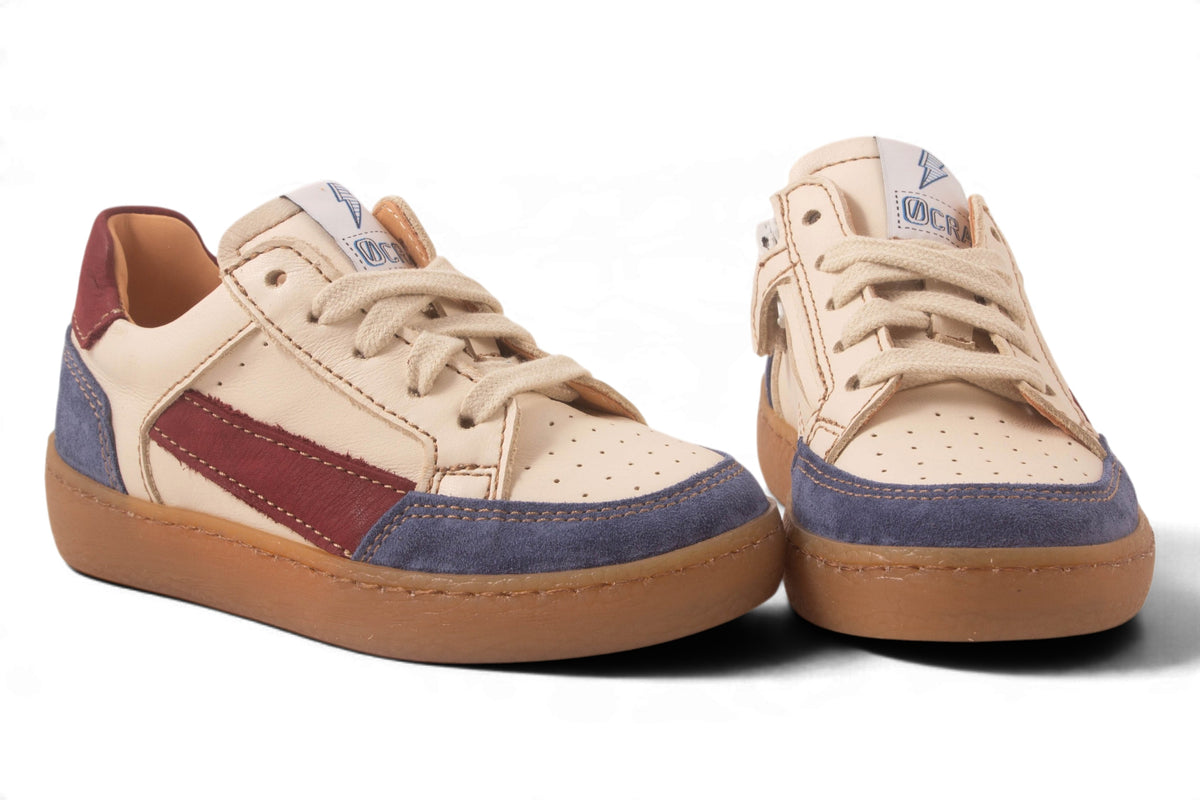 Wit Leder Blauw Tip Bordeaux Streep