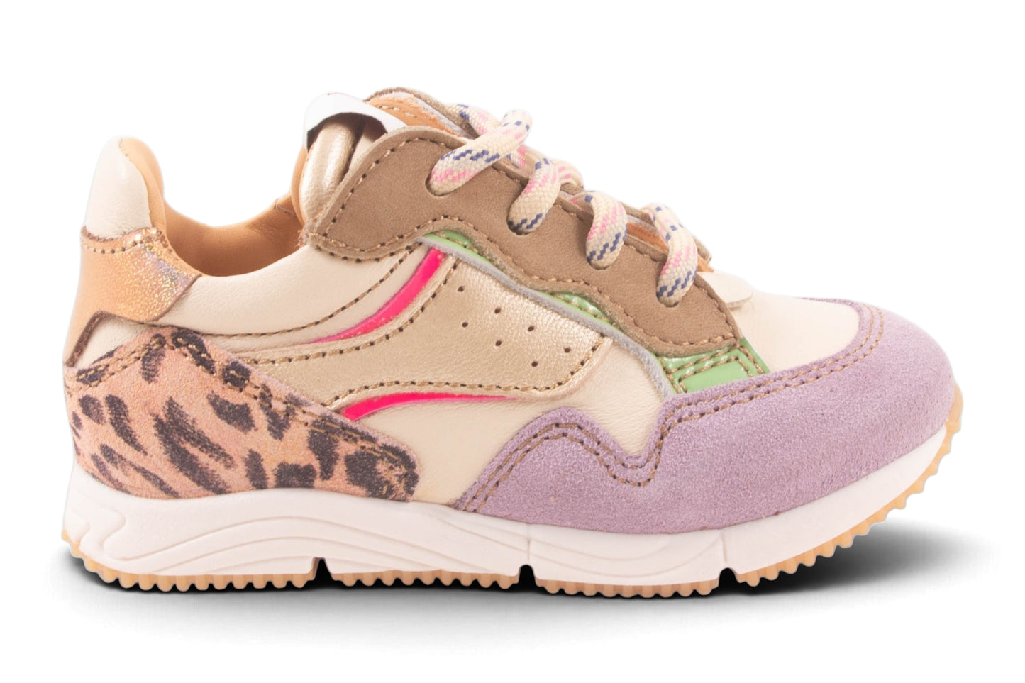 Runner Klein Wit Leder Lila Tip Goud Streep Roze Leopard Achter