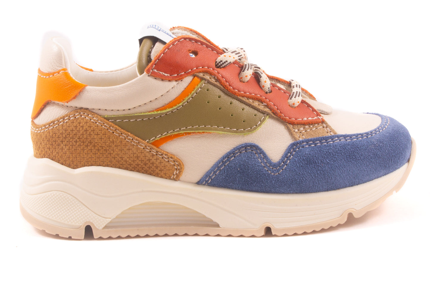 Sneaker Runner Wit Leder Blauw Nubuck Tip Rood Kaki