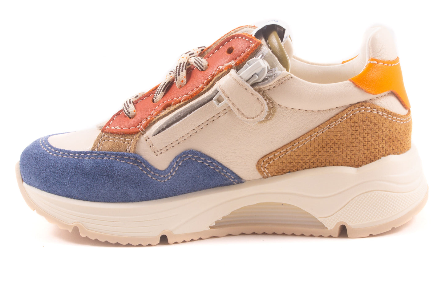 Sneaker Runner Wit Leder Blauw Nubuck Tip Rood Kaki