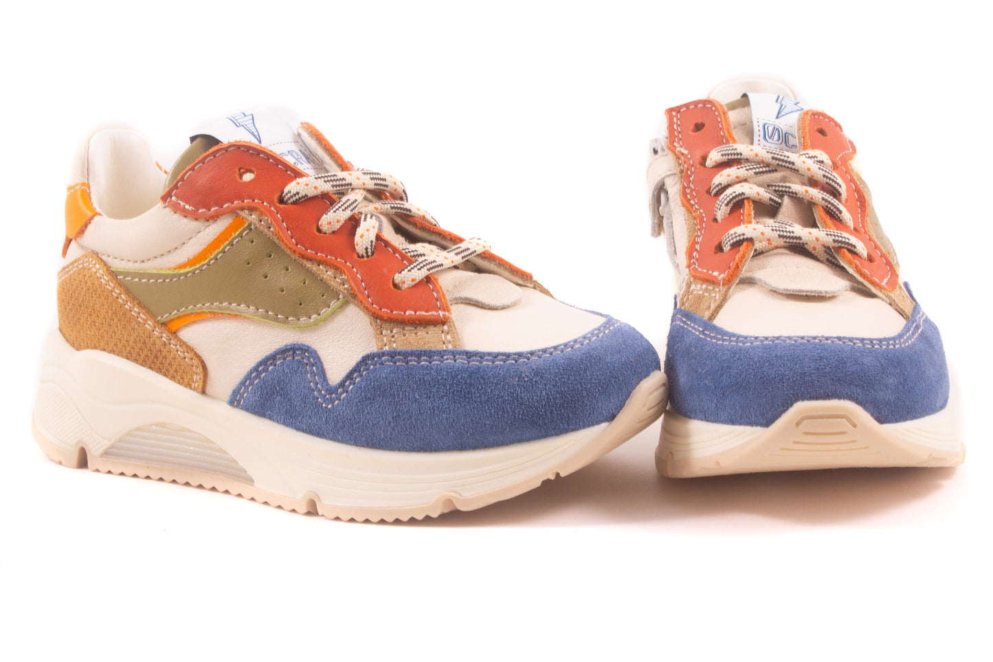 Sneaker Runner Wit Leder Blauw Nubuck Tip Rood Kaki