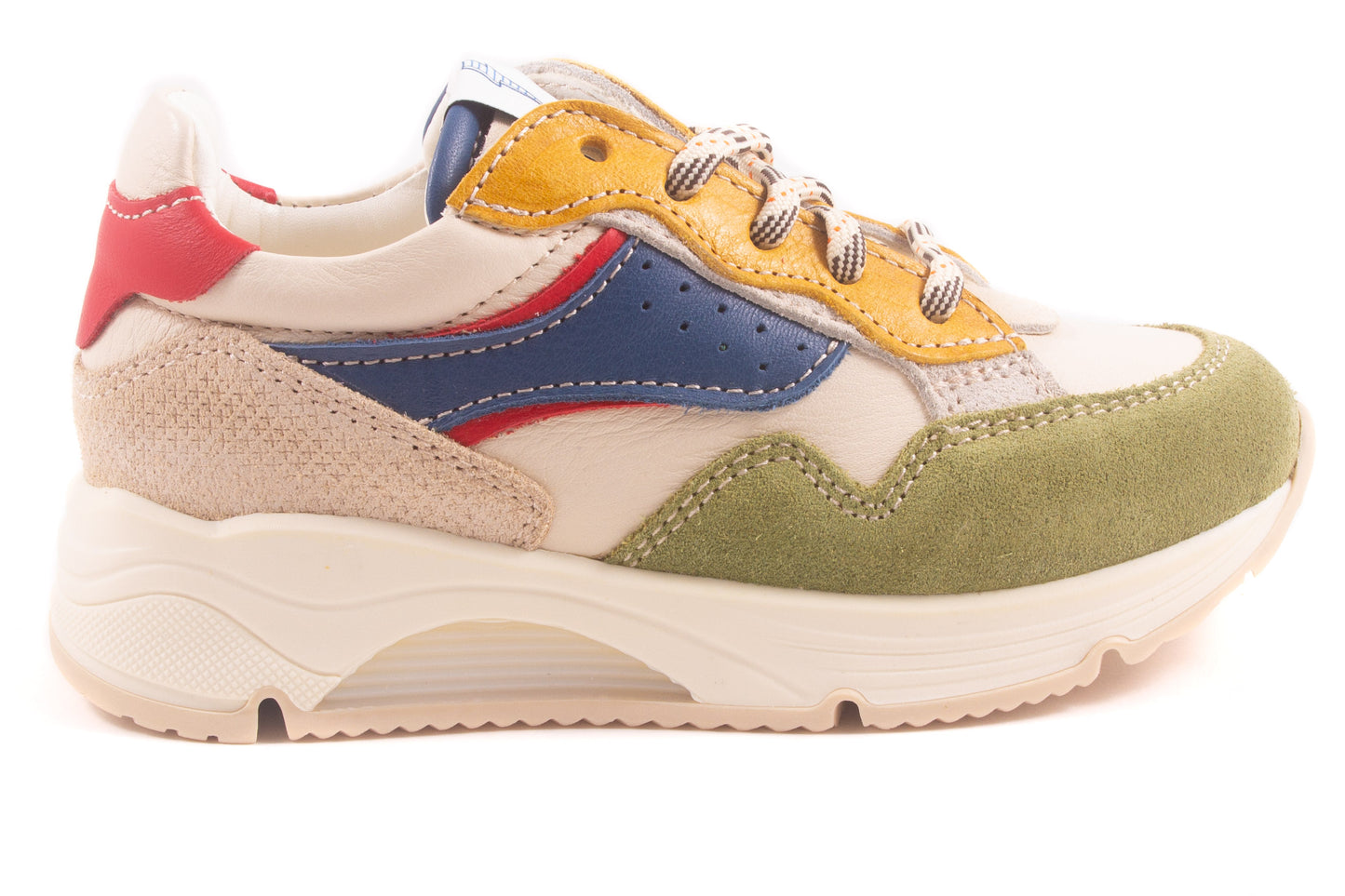 Sneaker Runner Wit Leder Kaki Nubuck Oker Blauw Rood