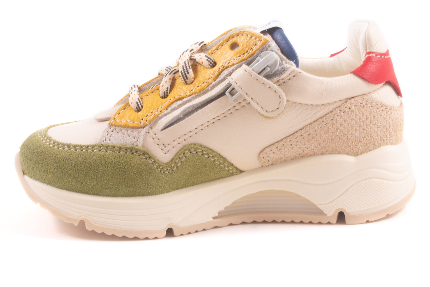 Sneaker Runner Wit Leder Kaki Nubuck Oker Blauw Rood