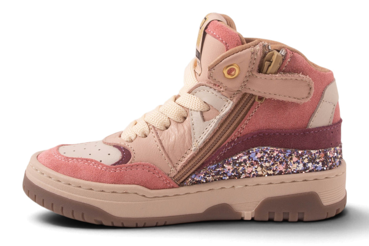 Wit Leder Roze Nubuck Glitter Accent