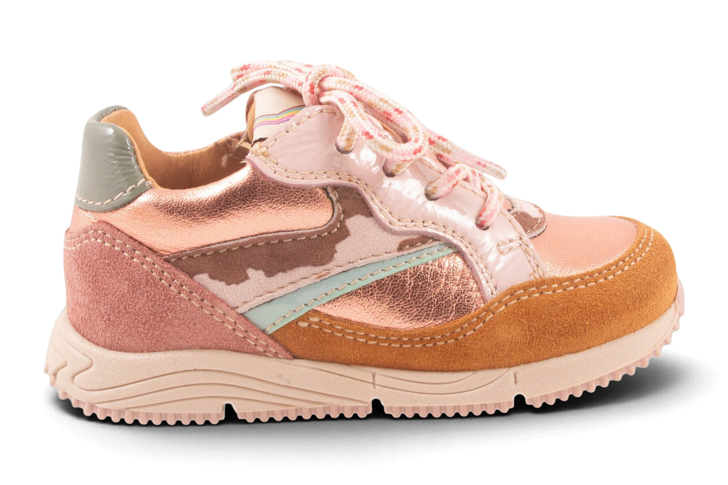 Runner Klein Roze Metalic Oker Nubuck Tip Koeprint Streep Opzij