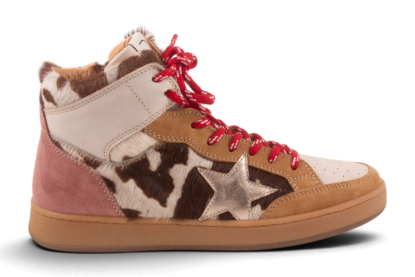 Hoge Sneaker Wit Cognac Nubuck Koeprint Rode Veter