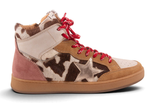 Hoge Sneaker Wit Cognac Nubuck Koeprint Rode Veter