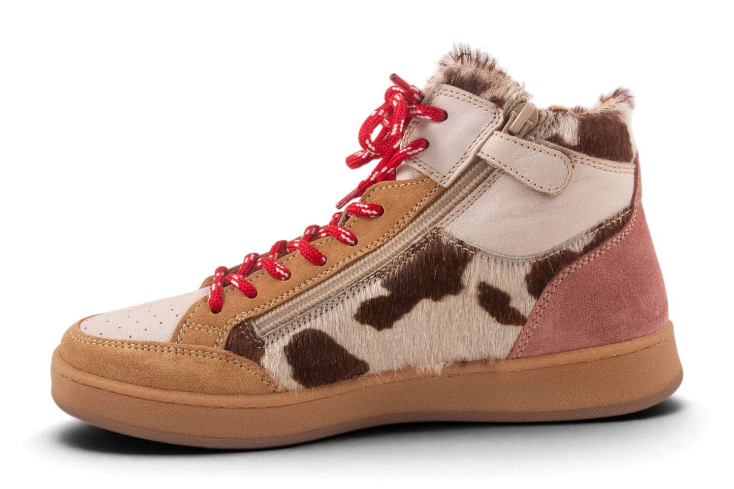 Hoge Sneaker Wit Cognac Nubuck Koeprint Rode Veter