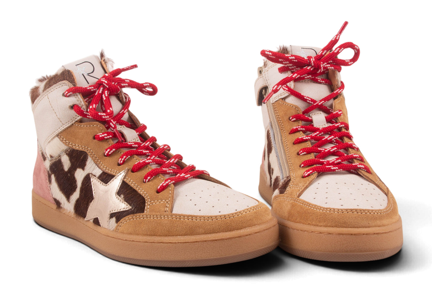 Hoge Sneaker Wit Cognac Nubuck Koeprint Rode Veter