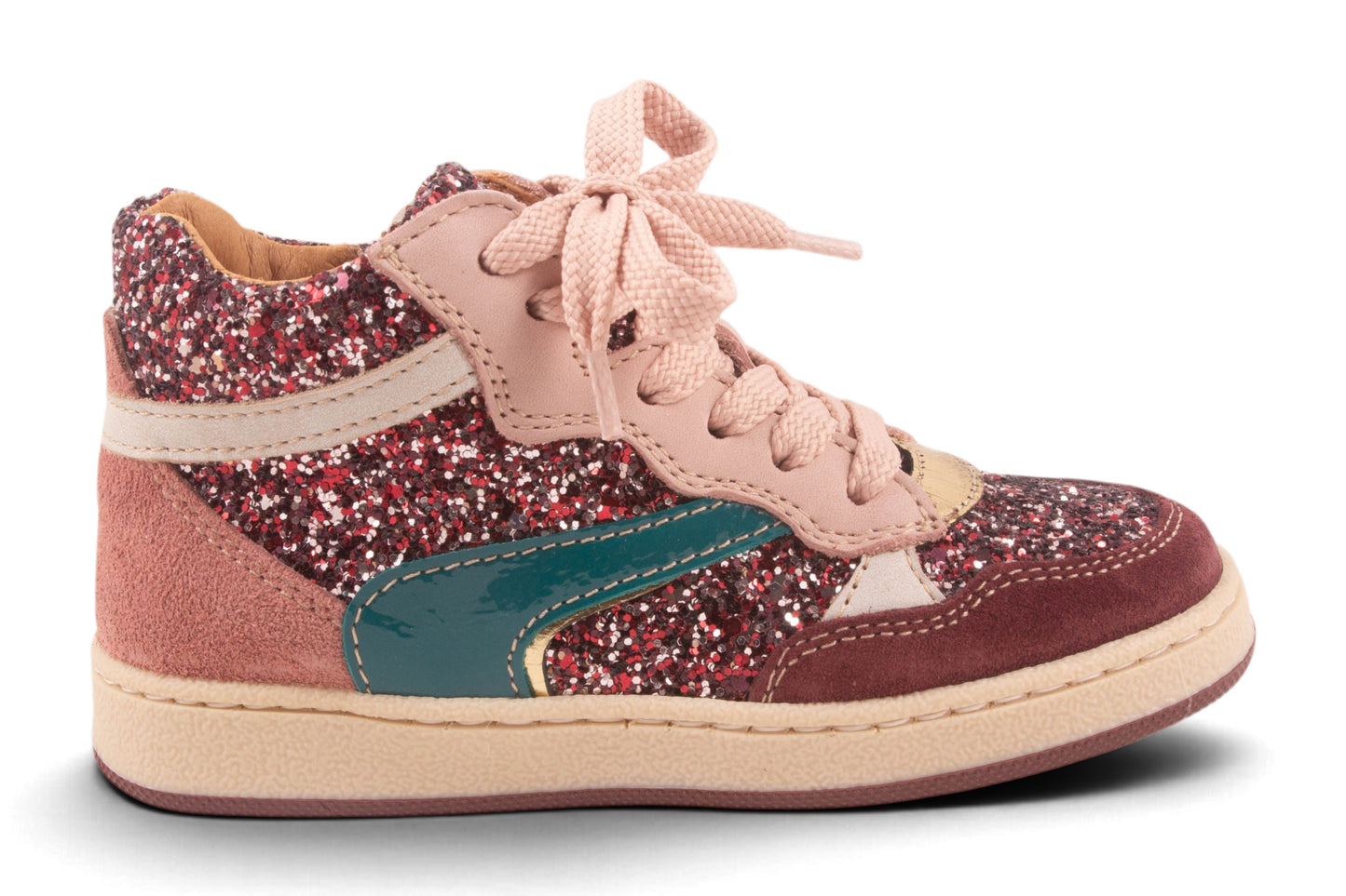 Hoog Bordeaux Glitter Petrol Streep Opzij