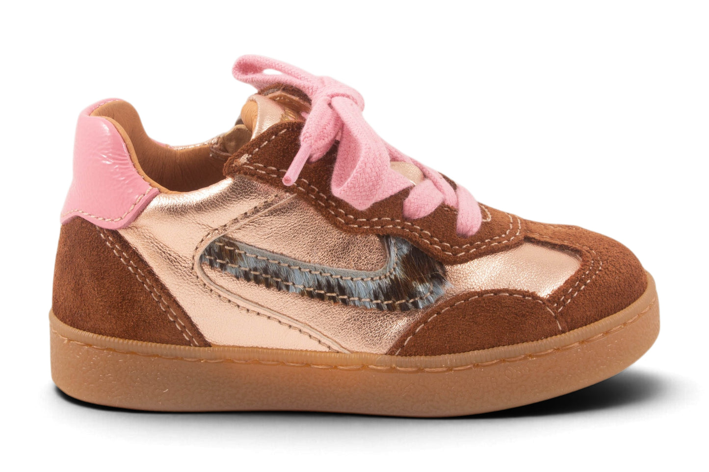 Sneaker Goud Metalic Bruin Nubuck Blauw Pony Streep Opzij