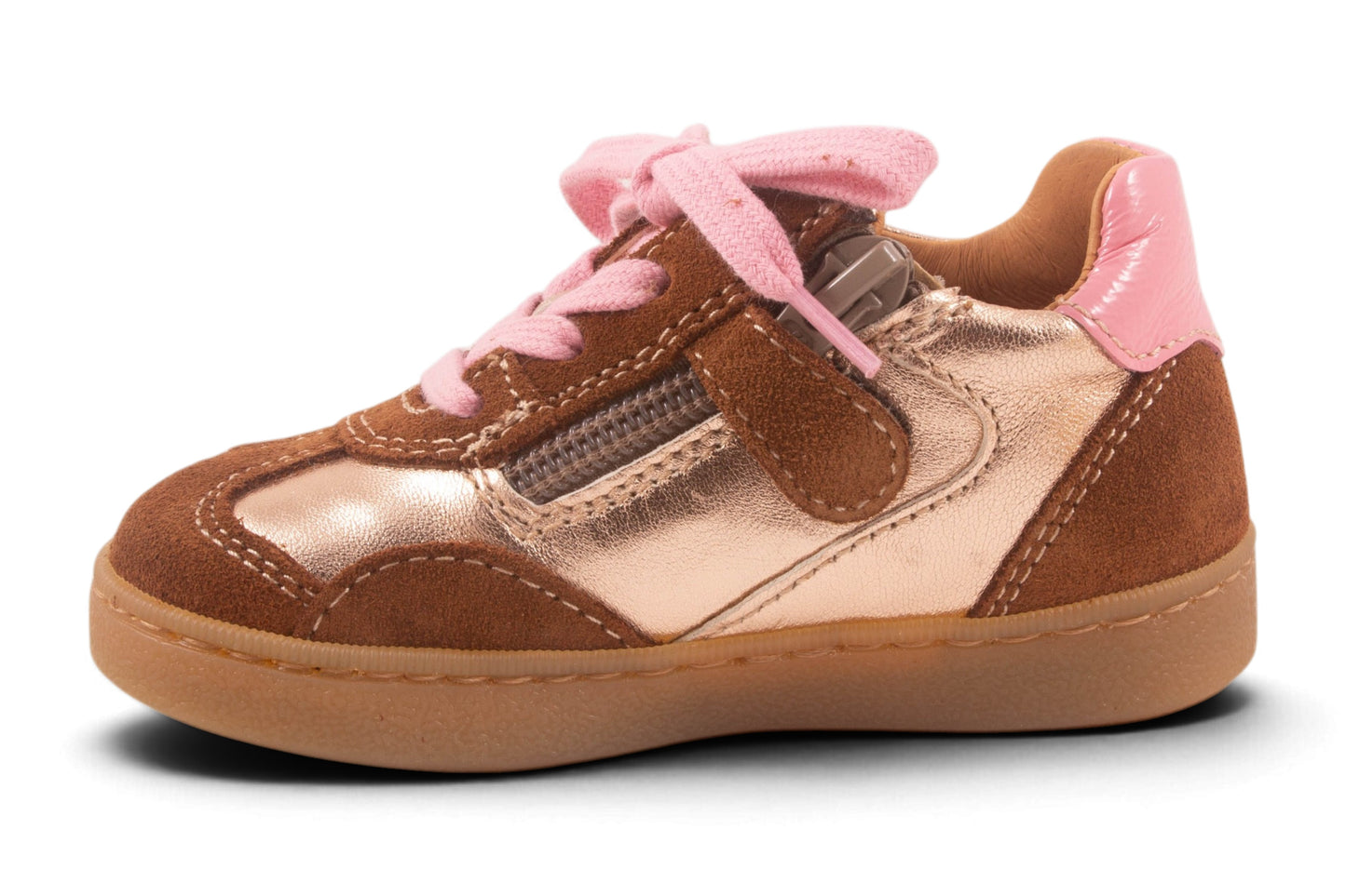 Sneaker Goud Metalic Bruin Nubuck Blauw Pony Streep Opzij
