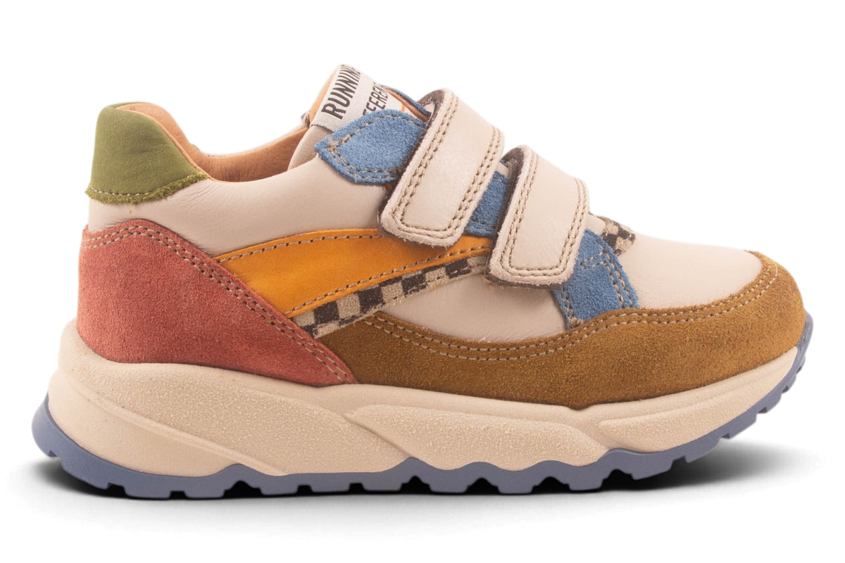 Runner Velcro Bruin Blauw Geel Streep Zwart Blokjes