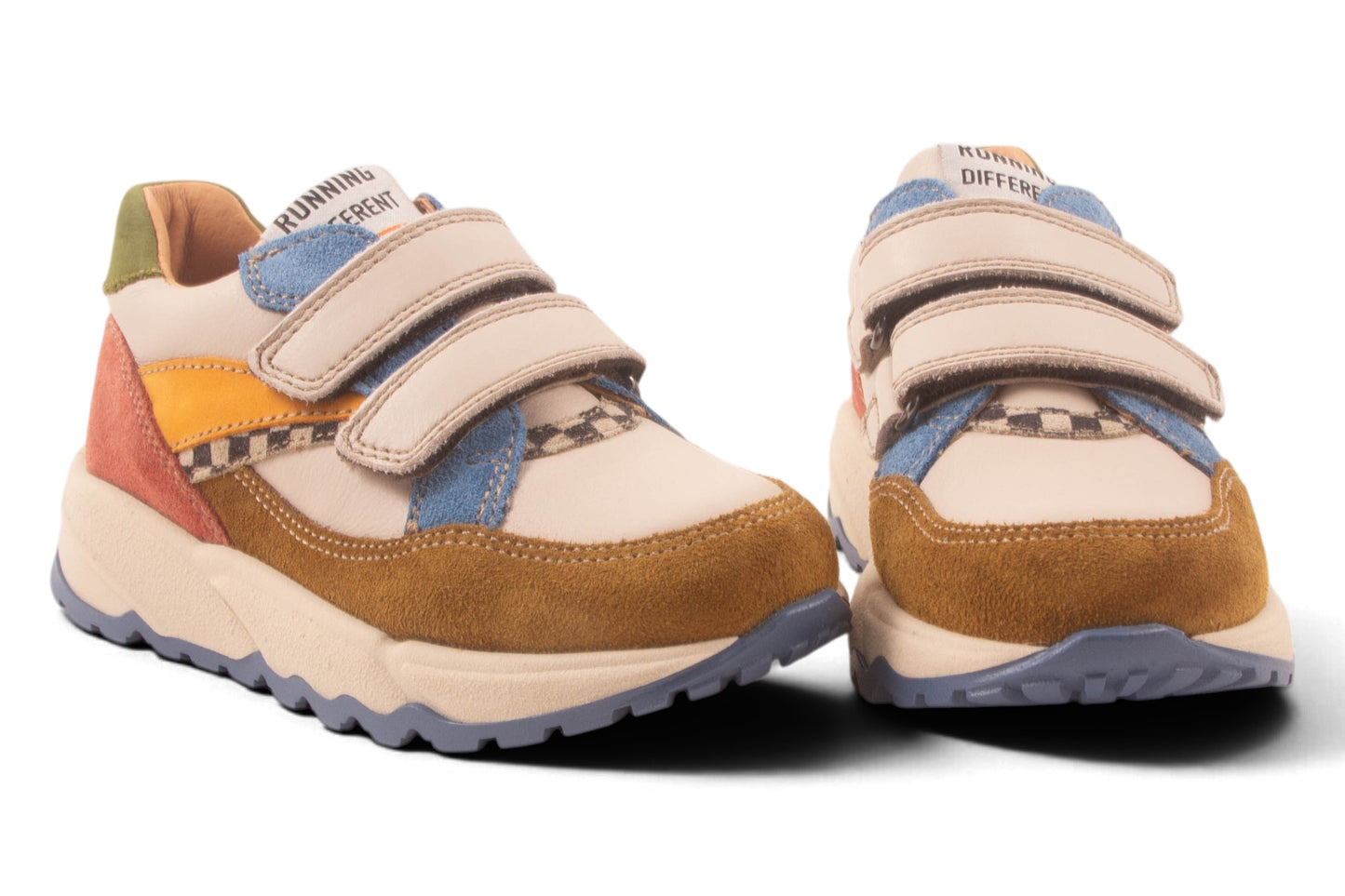 Runner Velcro Bruin Blauw Geel Streep Zwart Blokjes