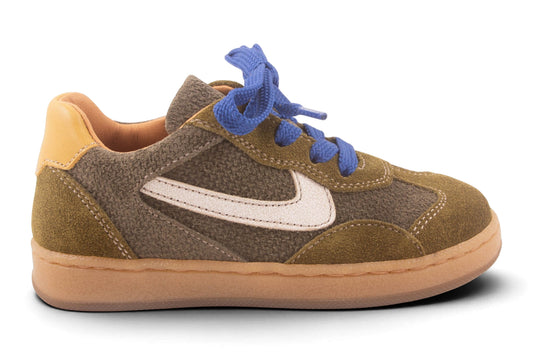 Kaki Nubuck Wit Streep  Blauw Veter