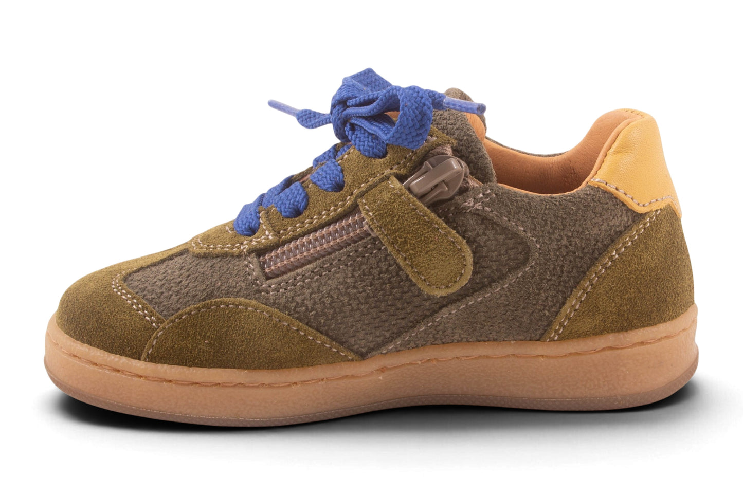 Kaki Nubuck Wit Streep  Blauw Veter