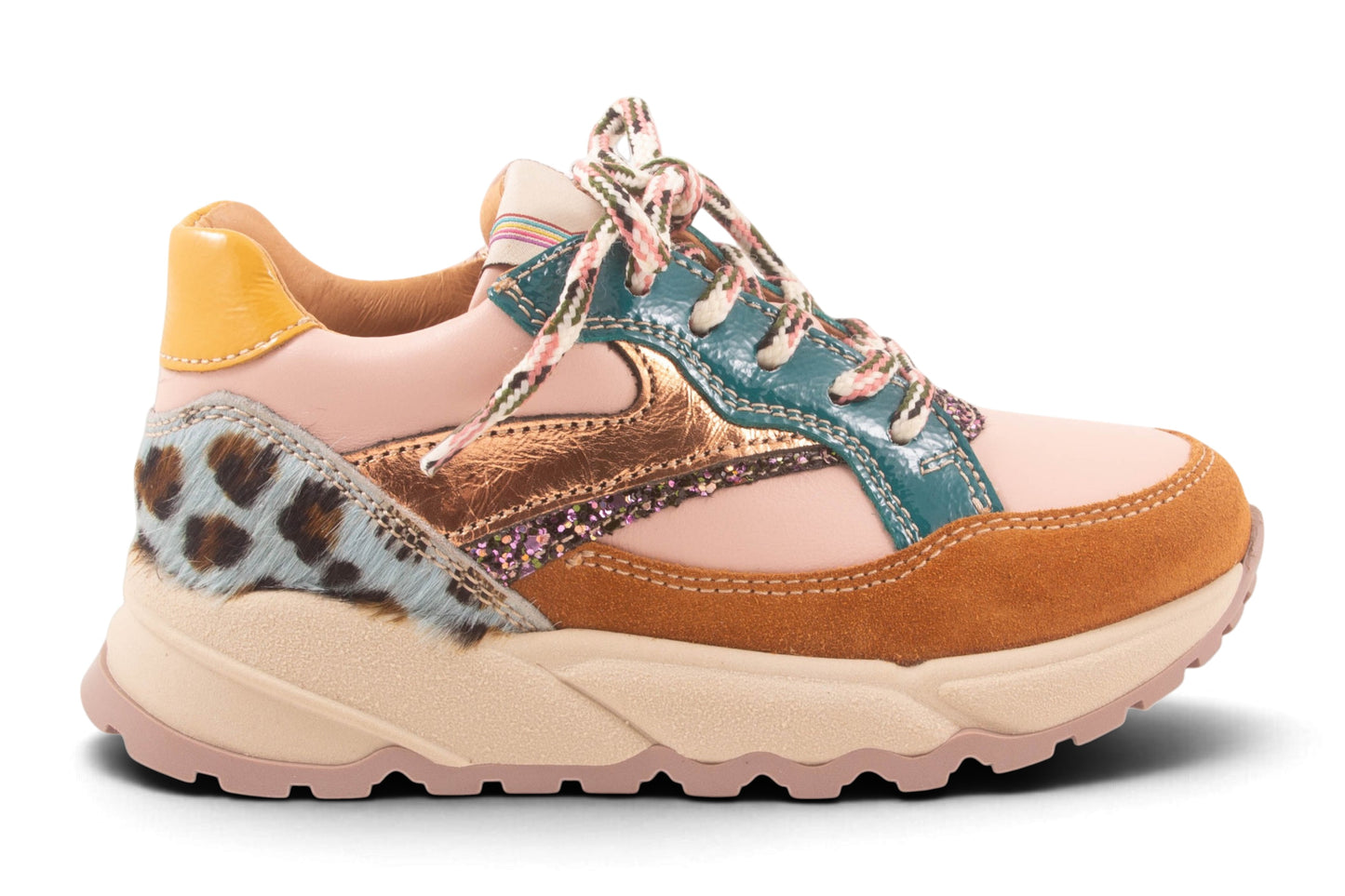 Runner Roze Leder Oker Nubuck Tip Metalic Streep