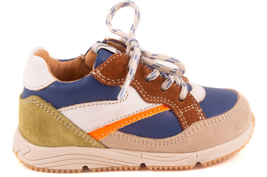 Sneaker Runner Klein Blauw Leder Wit Leder Fluo Oranje Streep