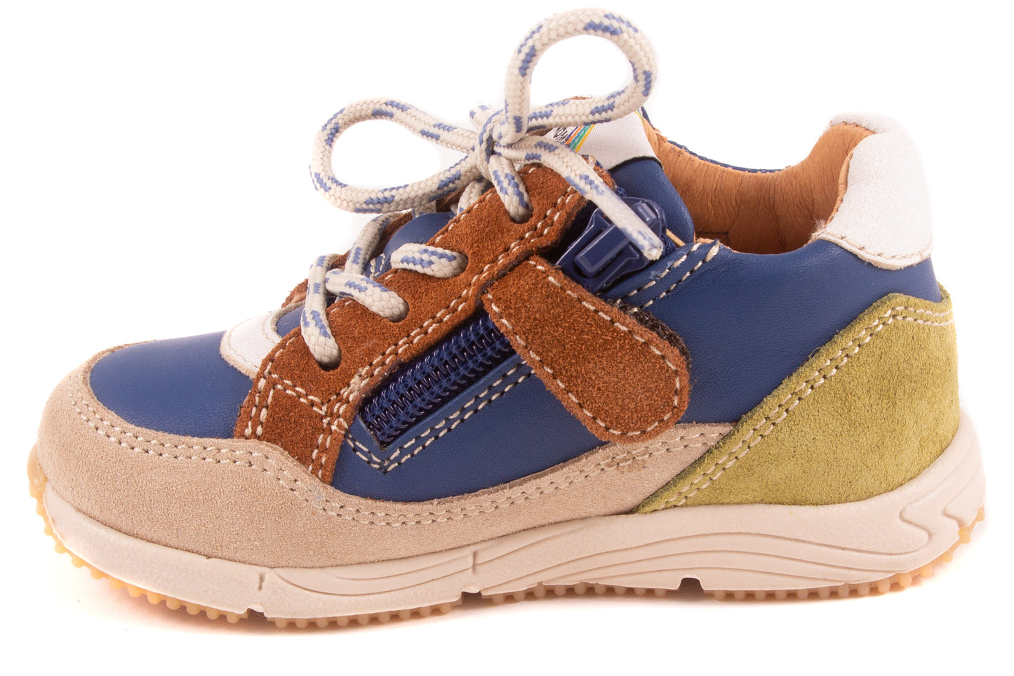 Sneaker Runner Klein Blauw Leder Wit Leder Fluo Oranje Streep