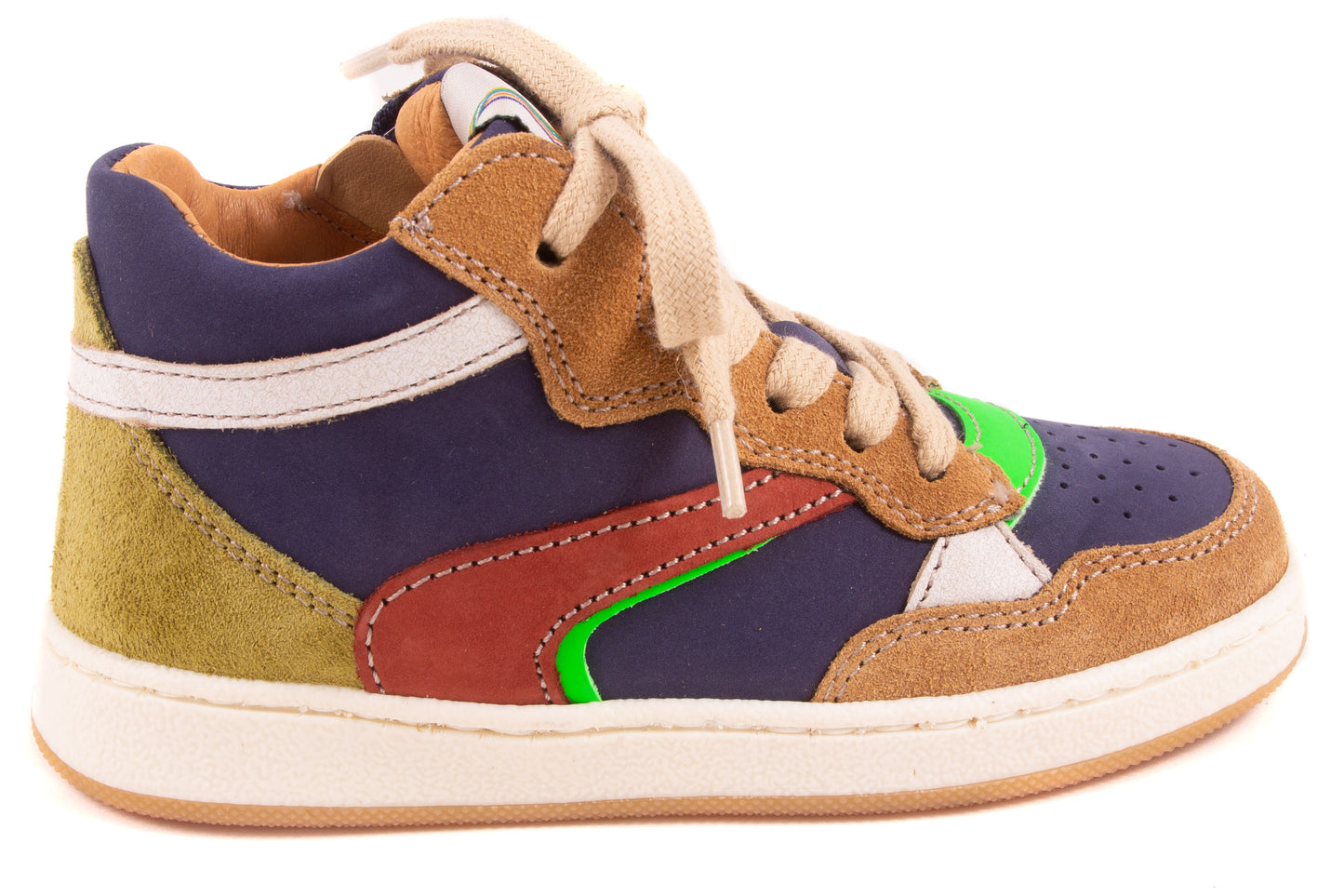 Sneaker Blauw Leder Bruin Tip Bruin Fluo Groen Streep