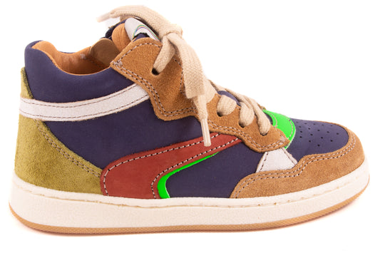Sneaker Blauw Leder Bruin Tip Bruin Fluo Groen Streep