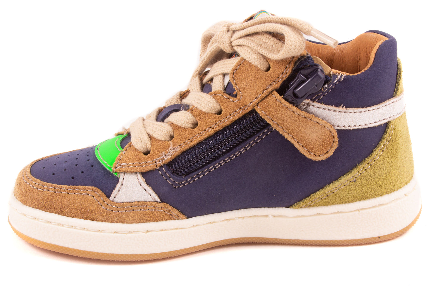 Sneaker Blauw Leder Bruin Tip Bruin Fluo Groen Streep