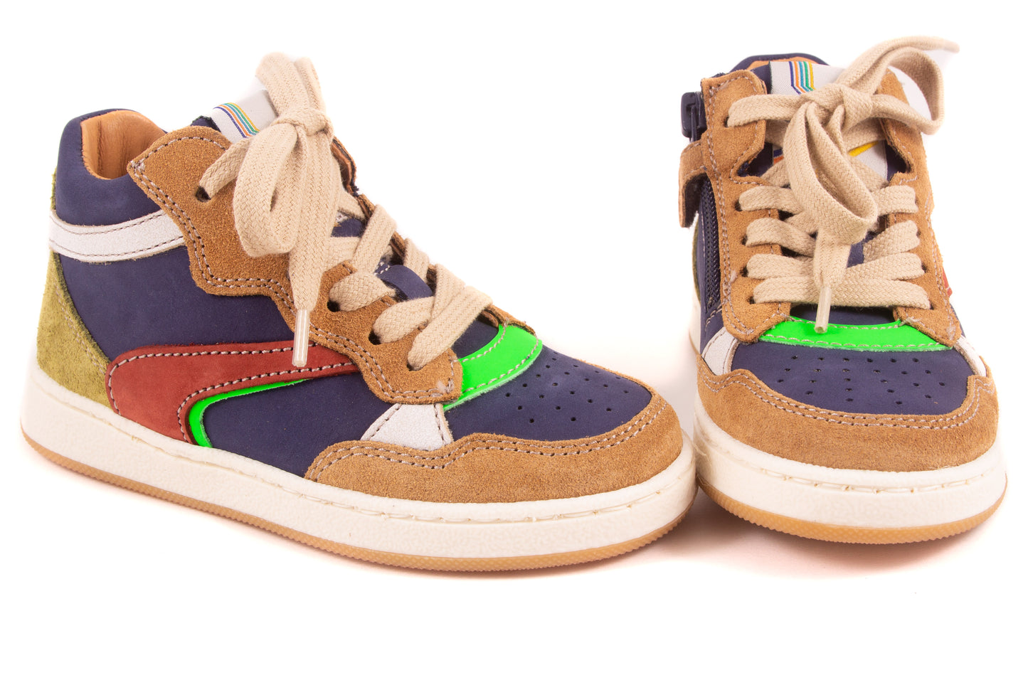 Sneaker Blauw Leder Bruin Tip Bruin Fluo Groen Streep