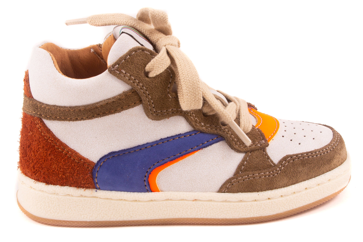 Sneaker Wit Leder Kaki Tip Blauw Fluo Oranje Streep