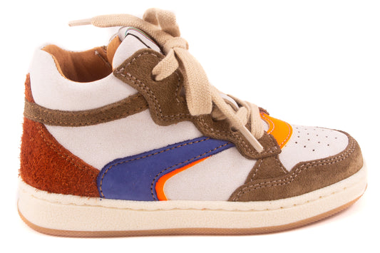 Sneaker Wit Leder Kaki Tip Blauw Fluo Oranje Streep