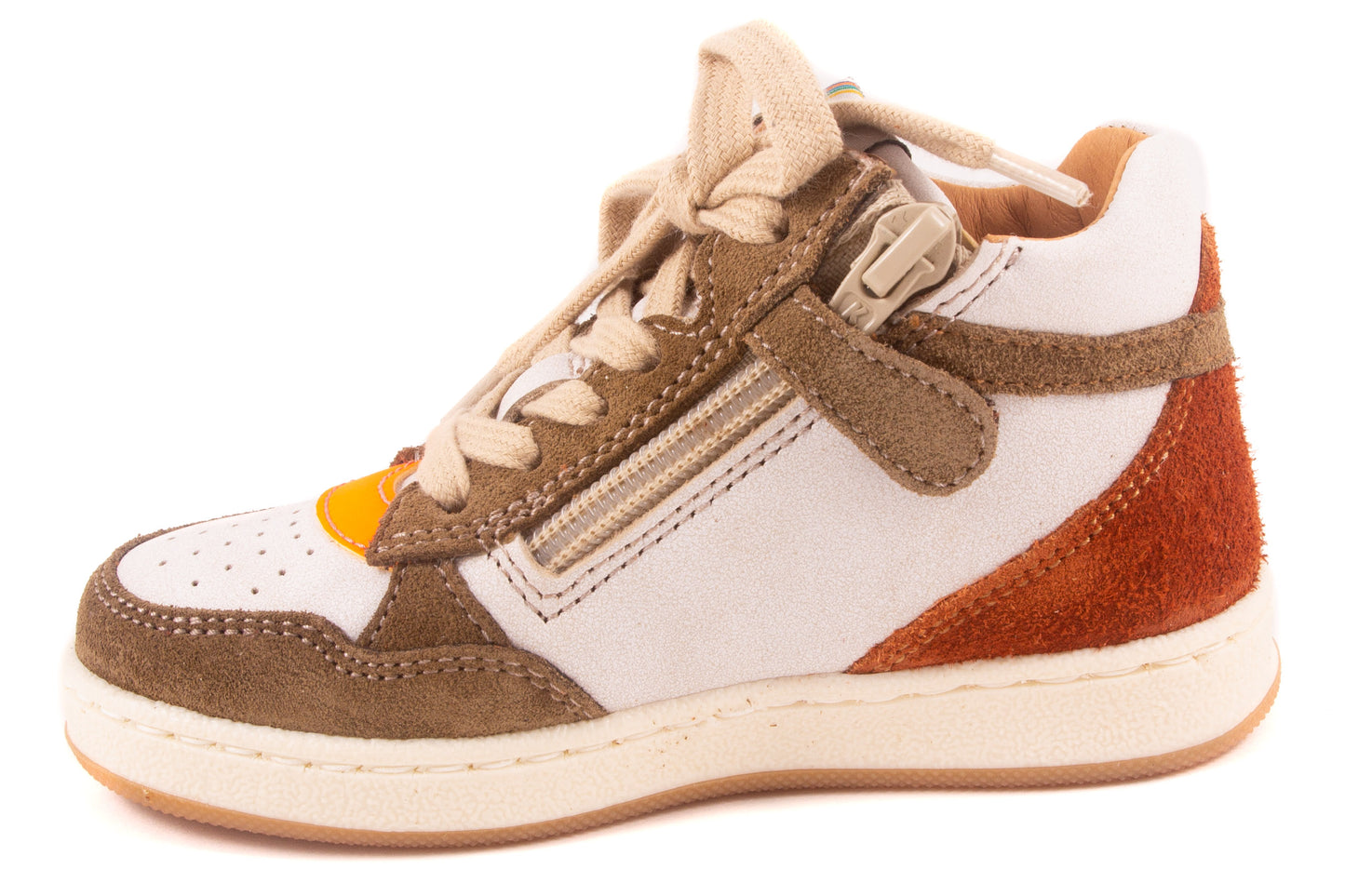 Sneaker Wit Leder Kaki Tip Blauw Fluo Oranje Streep