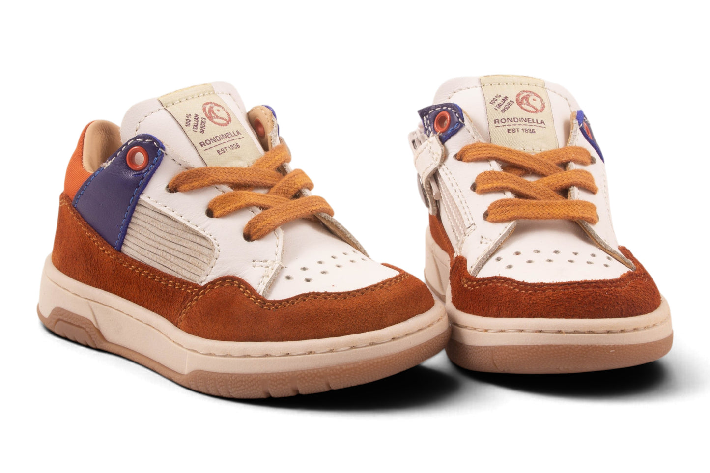 Wit Leder Bruin Nubuck Tip Blauw Detail Opzij