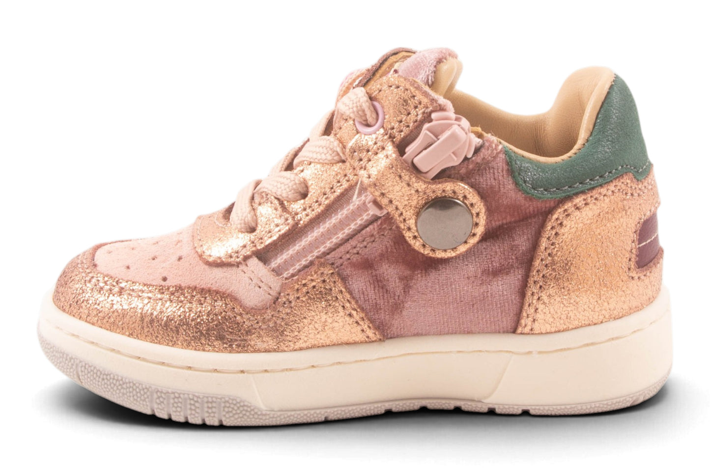 Roze Nubuck Fluweel Opzij Groen Streep