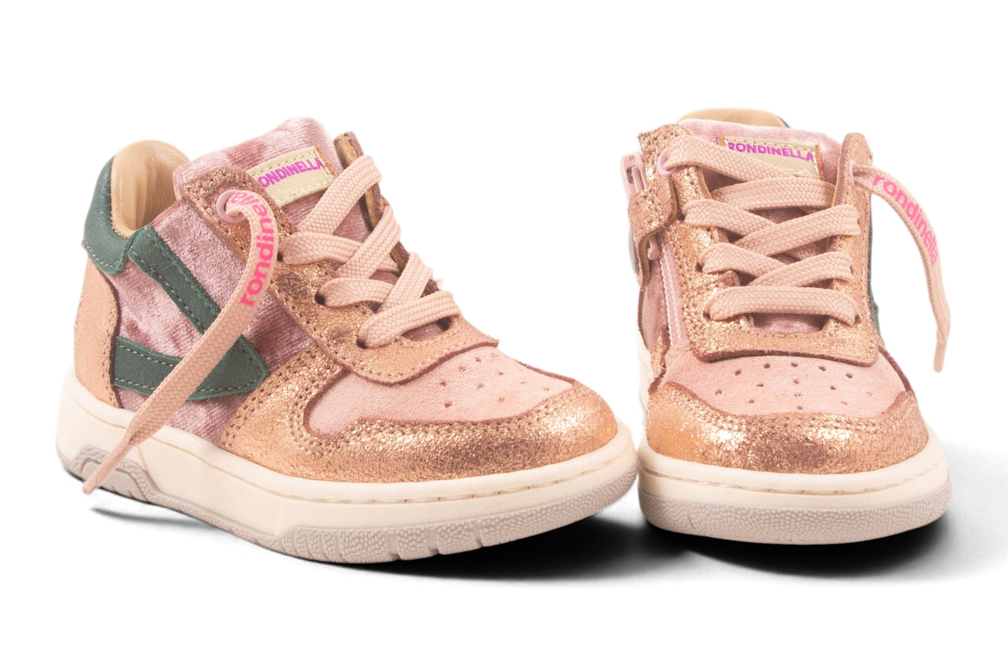 Roze Nubuck Fluweel Opzij Groen Streep